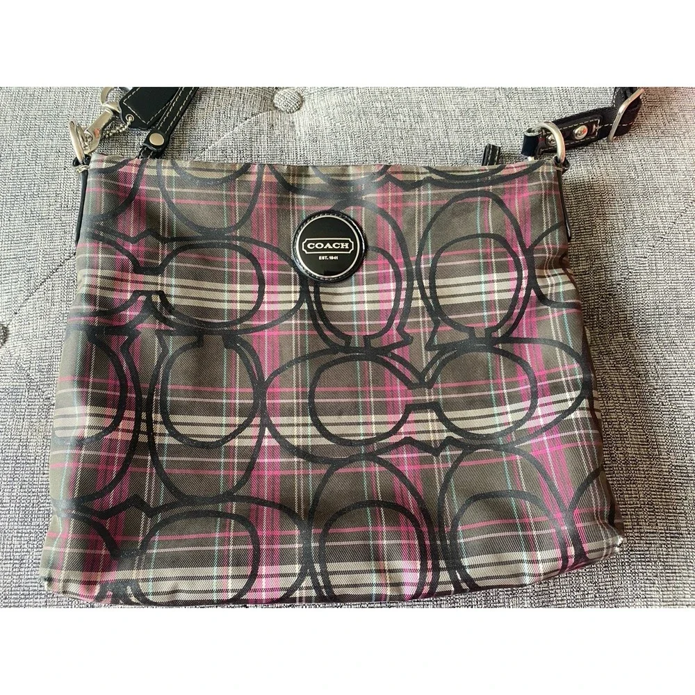 Coach Poppy Tartan Gray Pink Plaid Crossbody‎ Bag Glitter Purse F17710